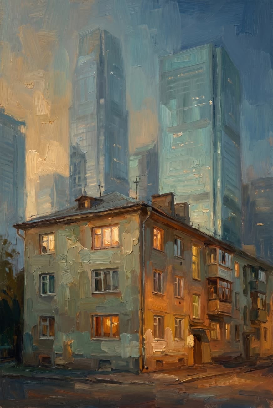 A small, warmly lit residential building standing tall among cool corporate glass towers, painted in soft impressionist light